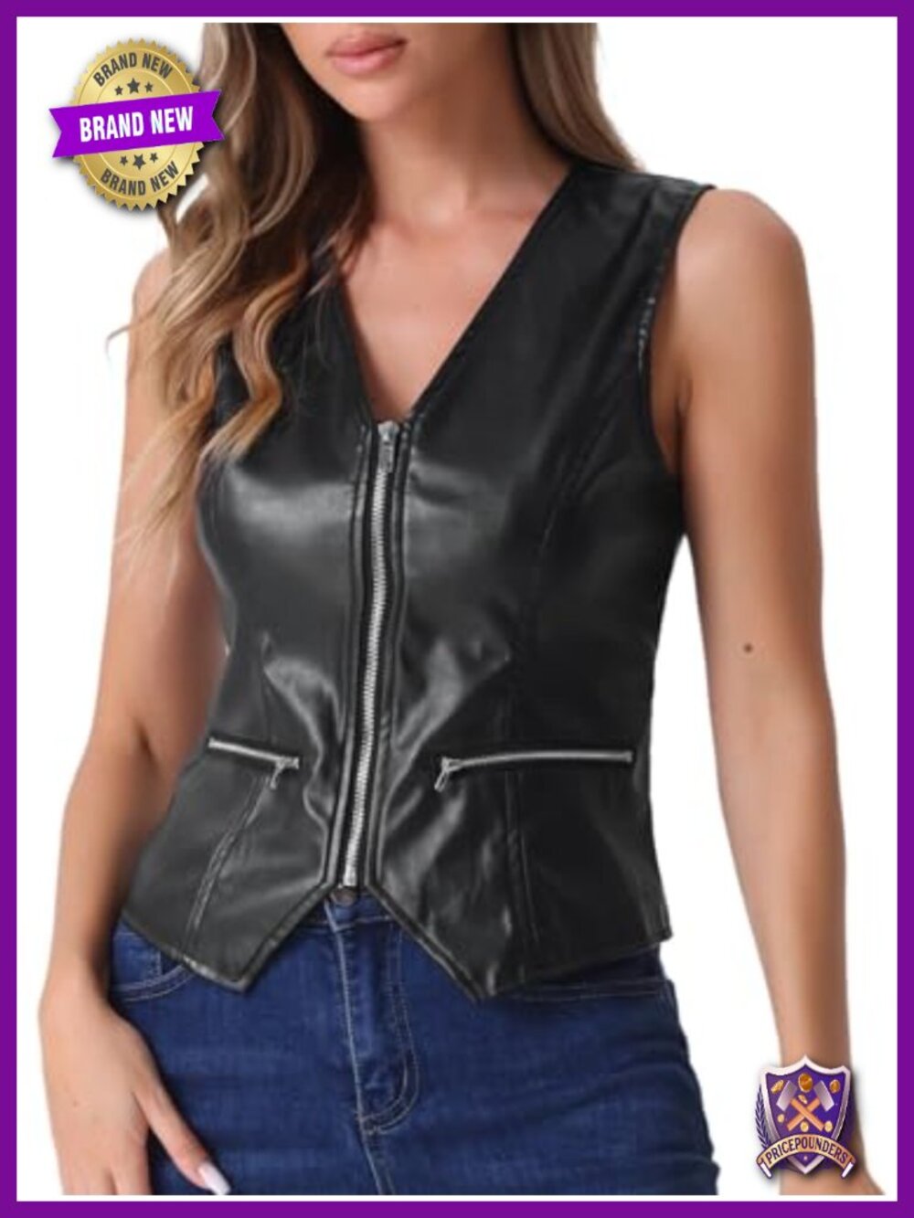 Faux Leather V Neck Sleeveless Zipper Waistcoat Vest
